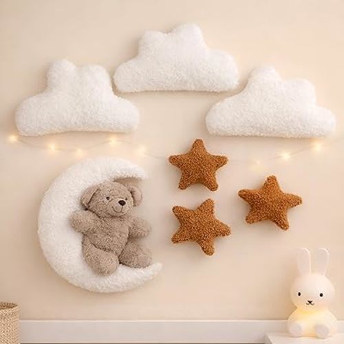 Chumia 7 Pcs Teddy Bear and Moon Wall Decor Nursery Hanging Ornaments Wall Art with Clouds Stars for Girls Boy Soft Plush Neutral Scandinavian Style for Baby Room Bedroom Decor