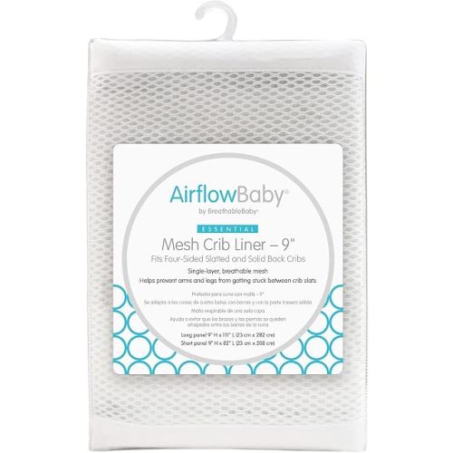 AirflowBaby Mesh Crib Liner for Full-Size Slatted Cribs, Lightweight 2mm Mesh Panels, Helps Reduce Slipping Through Crib Slats, Machine Washable, White, 9 inch (Pack of 1)