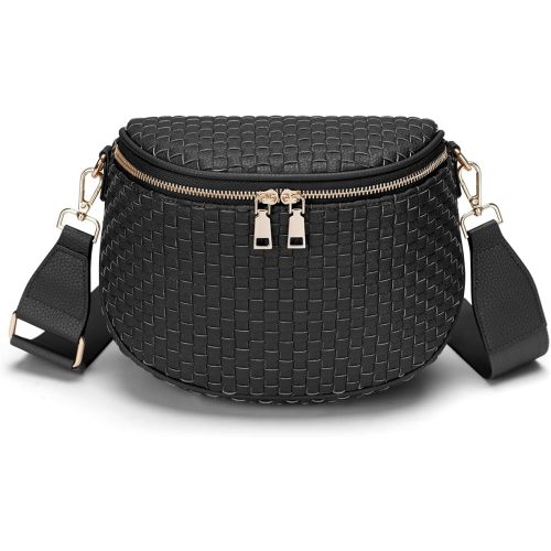 FODOKO Woven Crossbody Bag for Women Woven Leather Bum Bags Checkered Cross body Bags with zipper