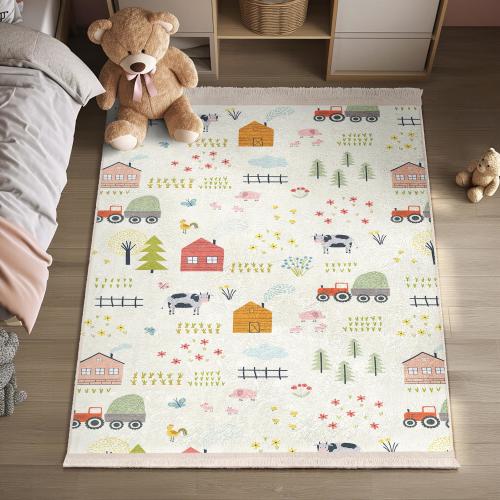 Farm Animal Tractor Kids Room Rug - Colorful Countryside Nursery Carpet - Cute Barn Playhouse Toddler Mat -Light Nursery Room Decor Playmat