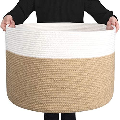 MINTWOOD Design Extra Large 22 x14 Inches Decorative Woven Cotton Rope Basket, Laundry Basket, Blanket Basket, Baby and Dog Toy Storage Baskets Bin, Kid Laundry Hamper, Towel Basket, Beige