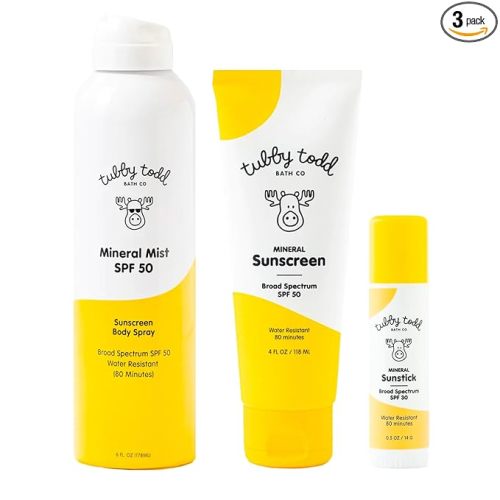 Tubby Todd Face and Body Mineral Protection Sunscreen Kit for Baby, Toddler and Kids - The Sun Bundle - Sunscreen Lotion 4 Fl Oz, Sunscreen Spray 6 Fl Oz and Sunstick 0.5 Oz - Fragrance-Free