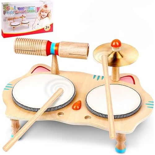 WINGYZ Kids Drum Set – 6-in-1 Wooden Musical Instruments for Toddlers 1–3, Montessori Baby Music Set with Drums, Cymbal & Tone Block, FSC-Certified Cat Design Table for Home & Classroom Learning Gift