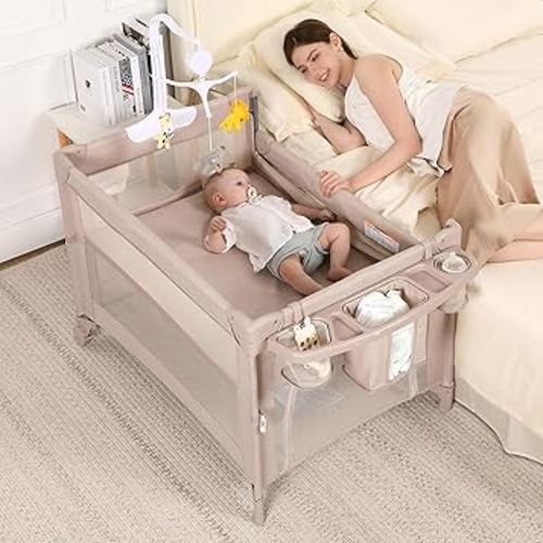 Pack and Play, 5 in 1 Baby Playard – Portable Crib, Bassinet, Bedside Sleeper, Changing Table & Playpen | Breathable Mesh | Safe & Foldable for Newborns to Toddlers (Beige)