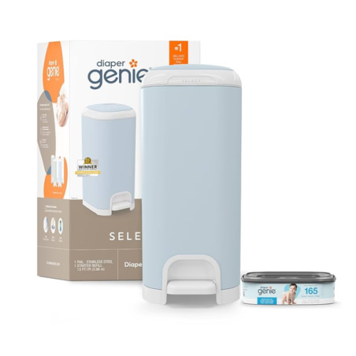 Diaper Genie Select Pail (Blue) is Made of Durable Stainless Steel and Includes 1 Starter Square Refill That can Hold up to 165 Newborn-Sized Diapers.