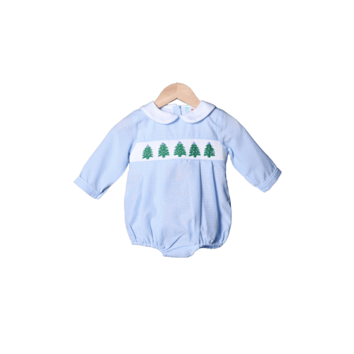 Smocked Christmas Tree Blue Seersucker Bubble