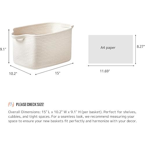 R RUNKA Cotton Rope Basket Set of 3 (15"x10.2"x9.1") - Rectangle Storage Bins - Versatile Toy Storage Organizer - Perfect for Kids, Dog Toys, Books, Shelves - White