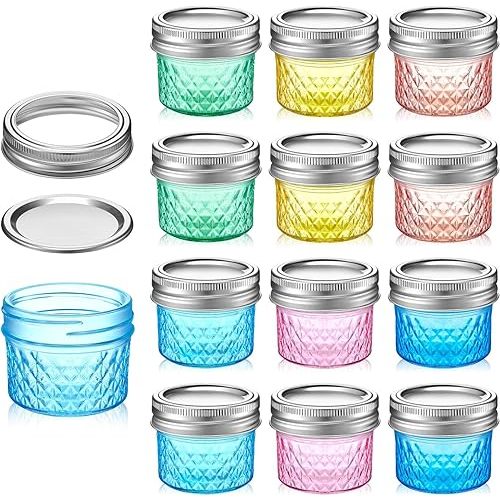 Zhehao 12 Pcs Mason Jars 4 oz with Regular Lids Mini Canning Jelly Honey Jars for Wedding Shower Favors DIY Projects Candle Holding Spice Jam Fruit Smoothie Salad Dressing Ketchup(Multicolor)