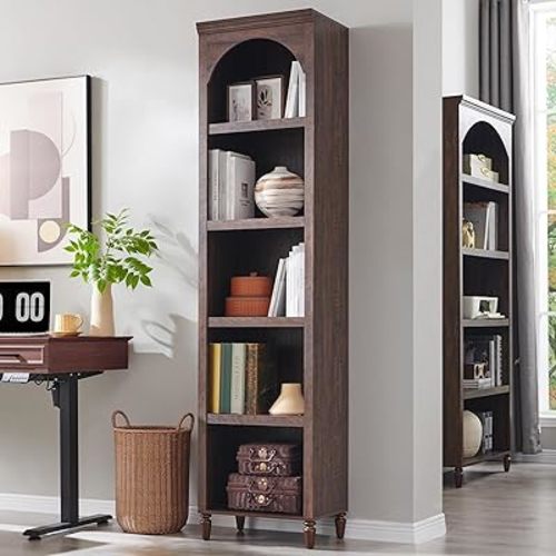 IFGET 76" Tall Arched Bookcase, Farmhouse 5 Tiers Narrow Arched Bookshelf Cabinet with Adjustable Shelves, Modern Wooden Book Shelf w/Storage and Open Display Shelves for Living Room, Office-Brown