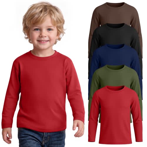 5 Pack Toddler Boys Long Sleeve Shirts 18M-5T | Cotton Shirts for Boys, Kids School Uniform Tops, Loose Fit Crew Neck Tops, Soft Stretchy Sweatshirts, Fall Basic Tees