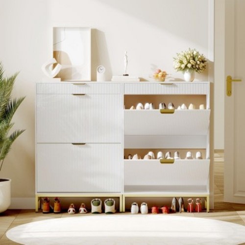 Modern White Fluted Shoe Storage Cabinet with 2 Flip Drawers & Pull-Out Drawer & Hook, Wooden Slim Shoe Organizer with Metal Legs,White