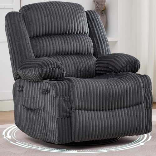 Garvee Rocking Recliner Chair Lazy Boy Jumbo Corduroy Nursery Swivel Glider | Recliner with Cup Holder Nursery Glider with Upholstered Deep Seat Corduroy Lazy boy Chair for Living Room Gray