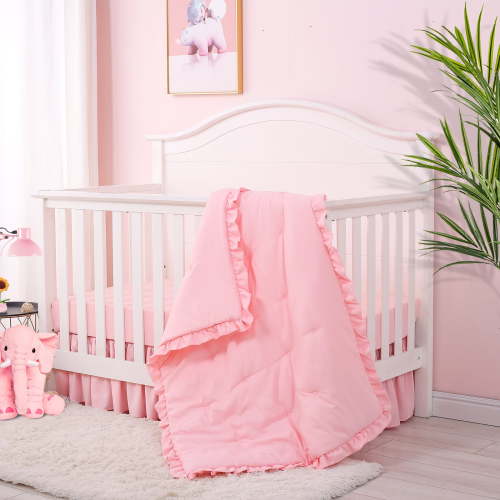 JISEN 3 Pieces Crib Bedding Set - Pink Standard Size Baby Bedding Set - Quilt, Sheet, Crib Skirt