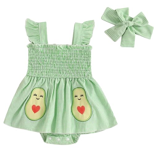 Mubineo Baby Girl Summer Dress Ruffle Fruit Clothes Flutter Sleeveless Smocked Infant Rompers Plaid Boho Dress Outfits