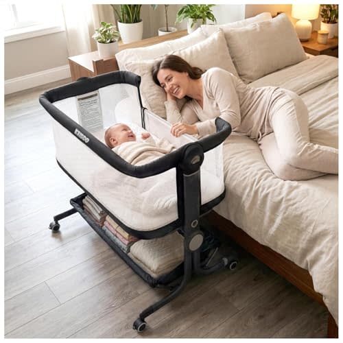 KRIDDO 2-in-1 Baby Bassinet for Infant, Bedside Bassinet with All-Around Breathable Mesh, Lockable Wheels, Adjustable Height and Incline, Bedside Sleeper for Baby with Large Storage Basket, Dark Grey