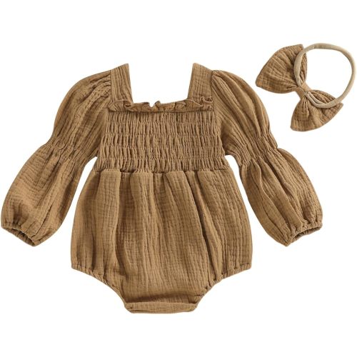 Smocked Baby Girl Clothes Newborn Girl Bubble Romper Long Sleeve Jumpsuit And Headband Outfit Cute Infant Clothing