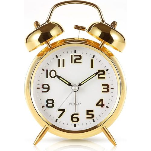 Super Loud Alarm Clock for Heavy Sleepers,4 inches Twin Bell Alarm Clock with Backlight,Battery Operated,Silent Non Ticking,for Kids,Adults,Bedrooms,Retro Decor Desk Analog Clocks. (Golden)
