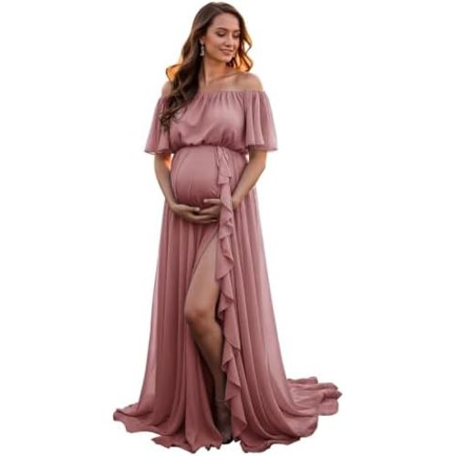 Off Shoulder Maternity Dress for Photoshoot Ruffle Slit Baby Shower Dresses Chiffon Photography Gowns
