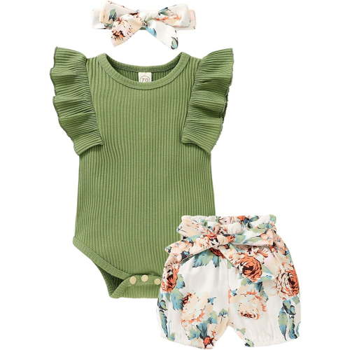 Younger Tree Baby Girl Clothes, Ruffle Romper, Floral Shorts, Headband, Summer Outfit for 12-18 Months