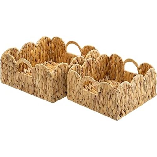 GRANNY SAYS Scalloped Baskets for Shelves, Cute Wicker Storage Basket with Built-in Handles, Water Hyacinth Woven Basket for Storage, Medium Decorative Shelf Baskets, 2 Pack