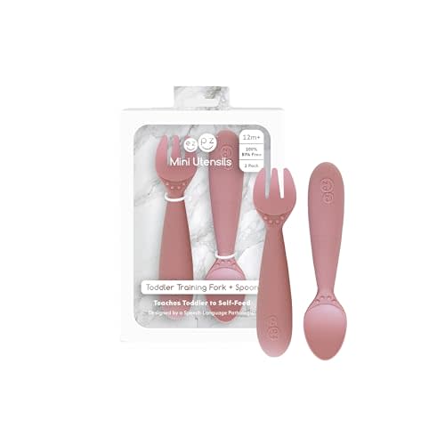 ezpz Mini Utensils (Fork & Spoon in Blush) - 12 Months+ - Utensils | Designed by a Pediatric Feeding Specialist - Baby-Led Weaning Essentials