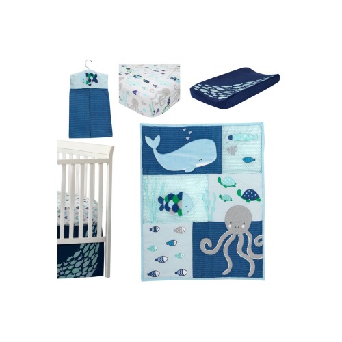 Oceania Whale with Octopus and Fish Nautical Ocean 6-Piece Nursery Baby Crib Bedding Set