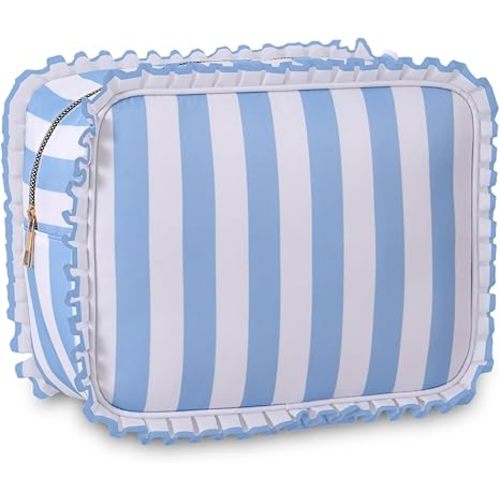 Gingham Ruffle Makeup Bag,Large Travel Cute Cosmetic Bag for Women Girls,Toiletry Bag Make up Organizer 10.8 x 4.5 x 8 inch (Blue Gingham)