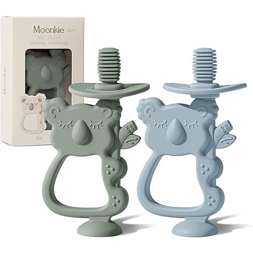 Moonkie Teething Toy Set of 2, Safe & Easy to Hold BPA Free Silicone Teethers, 360° Baby Toothbrush with Suction Base, Teether Toys Best for Babies 6-12 Months (Koala Ether/Sage)