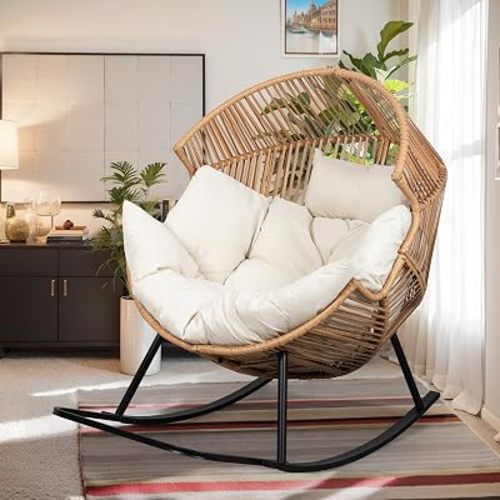 Vongrasig Silla de Huevo de Mimbre PE de Ratán con Cojín, Silla de Balancín de Patio Extra Grande para Exterior, Interior, Balcón, Patio Trasero, Jardín, Beige