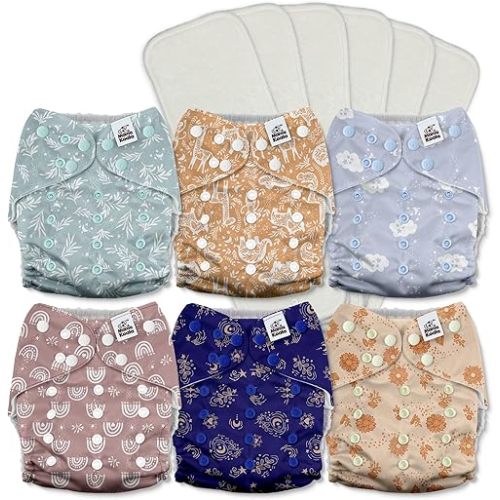 Mama Koala 3.0 Pocket Cloth Diapers for Babies with AWJ Lining, 6 Pack with 6 5-Layer Natural Cloth Diaper Inserts - Reusable and Washable Pocket Diapers(A-Cabin Vibes)