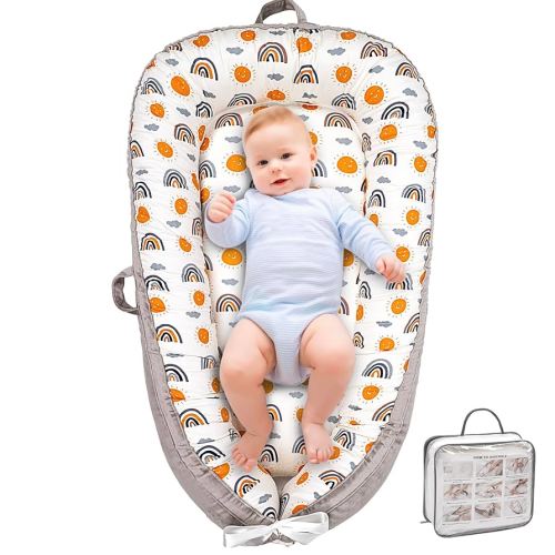 Baby Lounger, Ultra Breathable Soft Cotton Perfect for Tummy Time, Portable & Adjustable Infant Floor Seat for Traveling | Newborn Shower Gift(Ao Rainbow)