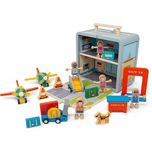 Jack Rabbit Creations- Airport Suitcase Playset- 19 Piece Portable Wooden Toy Set for Ages 3+- FSC-Certified, Non-Toxic Paints and Travel Friendly Design