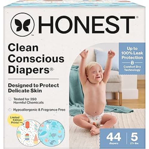 The Honest Company Clean Conscious Diapers for Sensitive Skin | Up to 100% Leakproof | Hypoallergenic, Fragrance Free | Summer '25 Limited Edition Prints | Club Box, Size 5 (27+ lbs), 44 Count