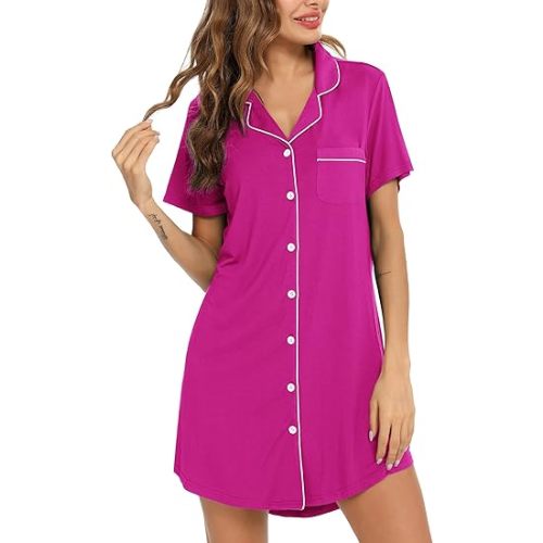 Anjue Pajama Nightgowns for Women Button Down Pajamas Tops Short/Long Sleeve Sleepwear Sleep Shirts Nightdress S-XXL