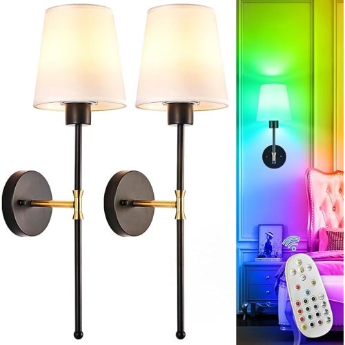 Depuley Battery Operated Wall Sconce: Set of 2 Wireless Wall Lights with 10000mAh Dimmable Bulbs and Remote for Bedroom - Rechargeable 15 Colors Gold Wall Lamp for Living Room Hallway