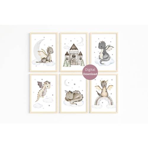 Baby Dragon Nursery Print Set of 6 - DIY Nursery Decor - Mythical creatures - Dragons and Castle Nursery Art -Fairytale Dragons Themed Decor