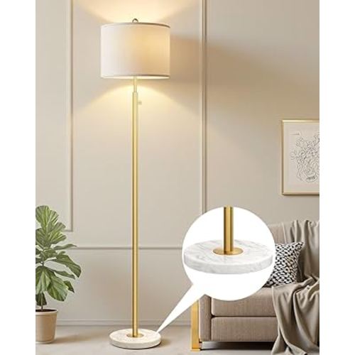 【Upgraded】Dimmable Gold Floor Lamps for Living Room, 11W LED Bulb Included, Modern Standing Lamp with Marble Base, Tall Pole Light with White Linen Shade for Bedroom Reading Office Corner Nursery