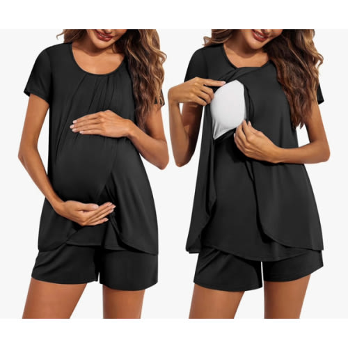 Ekouaer Women's Maternity Nursing Pajamas Set Breastfeeding Sleepwear Double Layer Short Sleeve Top & Shorts Nursing Pjs