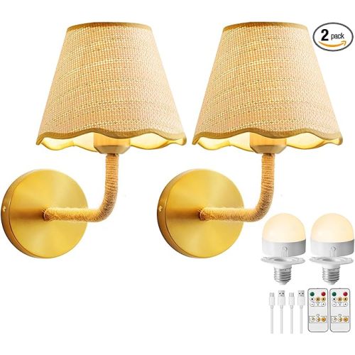 Battery Operated Rattan Wall Sconces Set of Tow, Wireless Rechargeable Battery Powered Wall Light with Grass-Woven Lampshade for Bedroom Living Room Hallway Porch(E26 Bulb Included)