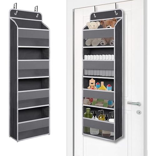 Over Door Organizer with 4 Large Capacity Pockets, Heavy Duty Hanging Organizer Storage for Closet Bathroom Nursery Bedroom Dorm, Toys Cosmetics Sundries and Baby Essentials, Gray