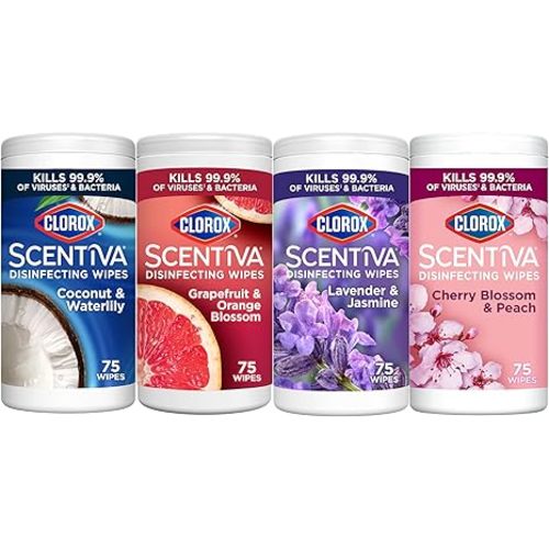 CLOROX Scentiva Disinfecting Wipes Bundle, Coconut and Waterlily, Grapefruit and Orange Blossom, Lavender and Jasmine, Cherry Blossom and Peach, 75 Count Each (Package May Vary