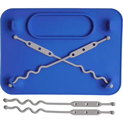 BUSY BABY Silicone Placemat - Built-in Suction Cups - 4 Toy Tethers for Babies Toddlers and Kids - Food Grade Silicone - 8.5 x 11 in - Comes with Travel Sleeve - Dishwasher Safe - Blue
