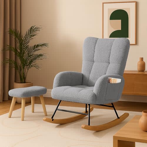 COMHOMA Nursery Rocking Chair with Ottoman, Teddy Glider Rocker Accent Chairs with High Backrest Reading Chair for Adult,Bedroom, Living Room, Offices (Gray with Ottoman)