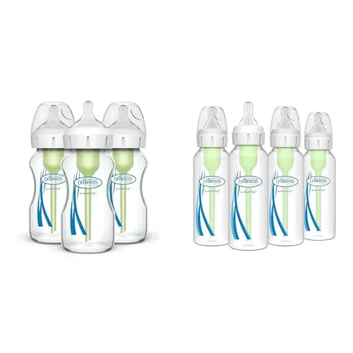 Dr. Brown's Natural Flow Anti-Colic Options+ Wide-Neck Glass Baby Bottles 9 oz/270 mL & Natural Flow® Anti-Colic Options+™ Narrow Baby Bottles 8 oz/250 mL, with Level 1 Slow Flow Nipple, 4 Pack, 0m+