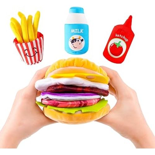 Jollybaby Montessori Sensory Plush Hamburger Fast Food Toy for Baby 0-6-12-18 Months, Soft Cloth Fabric Fake Play Food Toys for Newborn Baby Boy Girl Gifts