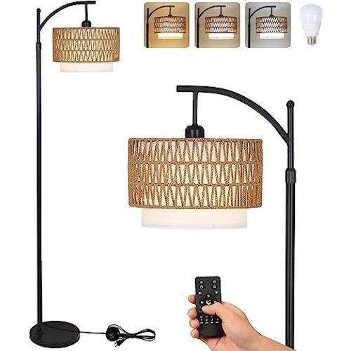 Arc Floor Lamp for Living Room with 3 Color Temperatures, Farmhouse Floor Lamps with Remote & Dimmable Bulb, Boho Standing Lamp with Rattan & Fabric Shades, Adjustable Tall Lamp for Bedroom, Office
