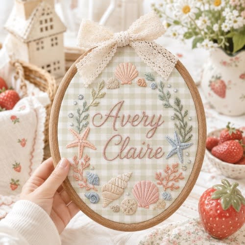 Personalized Coastal Name Hoop Sign, Custom Name Ocean Nursery Wall Hanging, Baby Girl Room Decor, Beach Theme Keepsake Gift