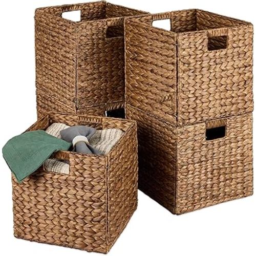 Best Choice Products 12x12in Pack of 5 Cube Storage Baskets, Water Hyacinth Multipurpose Collapsible Organizers, Handwoven Laundry Totes for Laundry, Living Room, Kids Room & Nursery - Chestnut