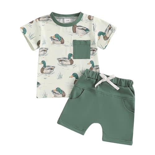 Kaipiclos Baby Boys Clothes Toddler Summer Outfits Short Sleeve Duck Print Pocket T-Shirt Tops and Shorts Farm Baby Clothes