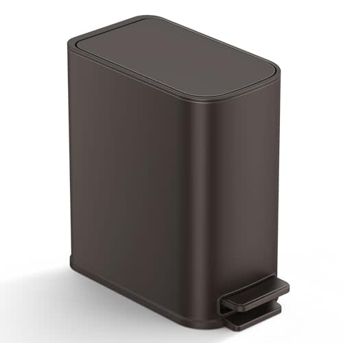 TIPGO Small Bathroom Trash Can with Lid Soft Close, Step Pedal, 1.3 Gallon / 5 Liter Stainless Steel Slim Garbage Can for Office, Diaper Waste Basket with Removable Inner Bucket (Brown)